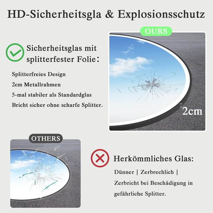 Дзеркало для ванної кімнати з підсвічуванням LED, кругле, 50 см, сенсорне керування, регулювання яскравості, функція пам'яті, захисне скло HD, захист від вибуху, Bluetooth, антизапар, металевий каркас, 60x60 см
