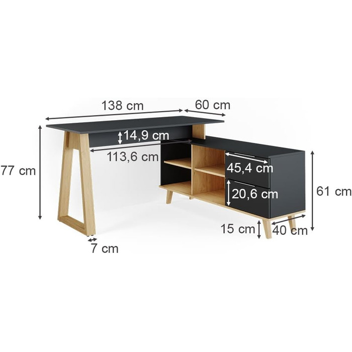 Письмовий стіл Vicco Nautica, антрацит/бук, 138 x 60 см з шухлядами, XL (письмовий стіл ANT/SE XXL)
