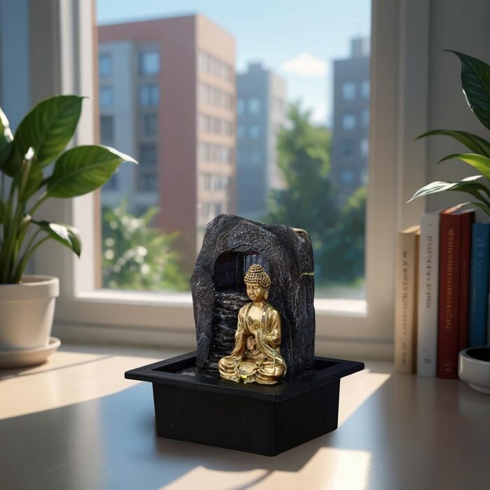 Джерело води Zen'Light Dao від Zimmerbrunnen: Будда, LED-підсвітка, для медитації та релаксації. Декор Фен-Шуй, висота 26 см, горіх
