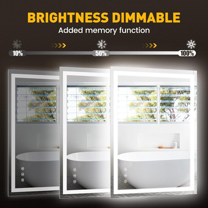 Дзеркало для ванної кімнати YOLEO з підсвічуванням 90x70 см, LED дзеркало з переднім та заднім освітленням, дзеркало з пам'яттю, 3 регульовані кольори світла, антизапарник 90x70 см