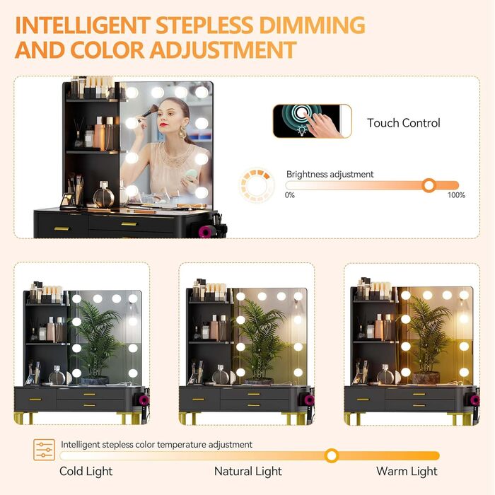 Трюмо Lvifur з дзеркалом у стилі Голлівуд, 10 регульованих лампочок, пуф, ящик, станція зарядки, USB-порт, чорний колір