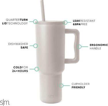 Термокружка Simple Modern з трубочкою та ручкою | 1180 мл, нержавіюча сталь, ізольована | Ідеальний подарунок для жінок та чоловіків | Almond Birch