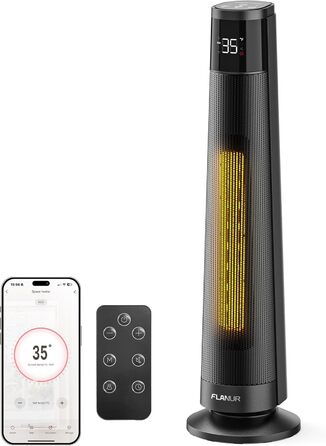 Електричний обігрівач PTC 2000W з керамічним нагрівачем, тихий, з термостатом та пультом дистанційного керування, ECO режим, 70° осциляція, 12h таймер, захист від перегріву та перекидання, чорний, 1 шт.