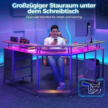 Ігровий кутовий стіл Seventable L-подібний з LED підсвіткою, розетками та 3 текстильними шухлядами, 135x135x88 см (Вінтажний коричневий)