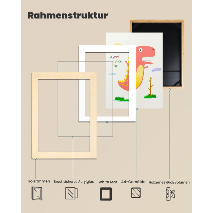 Дерев'яні рамки для дитячих малюнків, A4, 2 шт. - для школи, дому, офісу