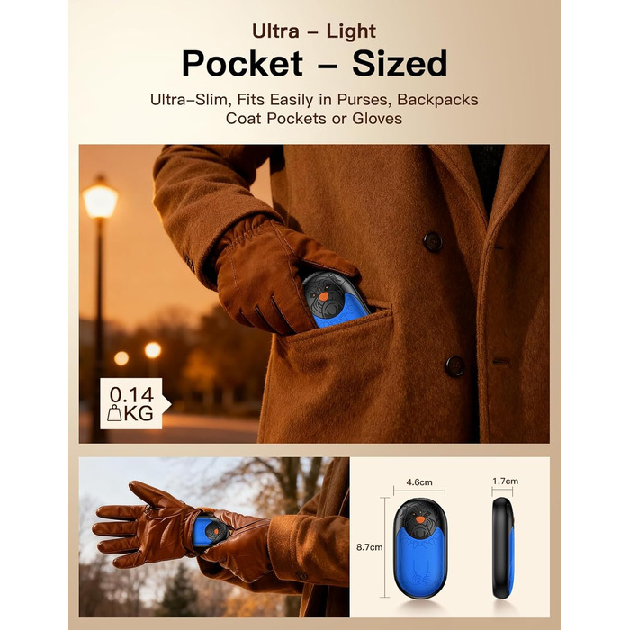 Електричний гріє для рук 2 шт. | Перезарядний кишеньковий гріє з 3 режимами, 6000mAh для жінок, чоловіків, кемпінгу, полювання, гольфу, блакитний