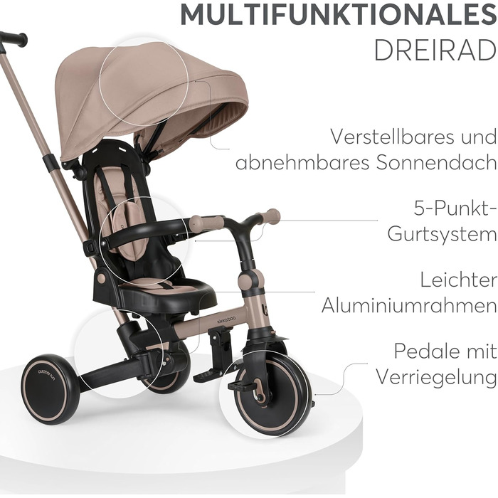KikkaBoo Триколісний велосипед 8-в-1 з ручкою для батьків Aluma (Бежевий) від 1 року. Дитячий велосипед з поворотним сидінням, ременем безпеки, алюмінієвою рамою.