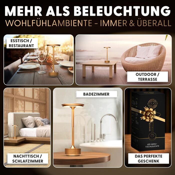 LED настільна лампа ELYSIA з акумулятором, диммування, бездротова, сенсорне управління, для дому та вулиці [IP54], тепле світло [2200K-2700K-3200K], USB-C, перезарядна, алюміній, золота