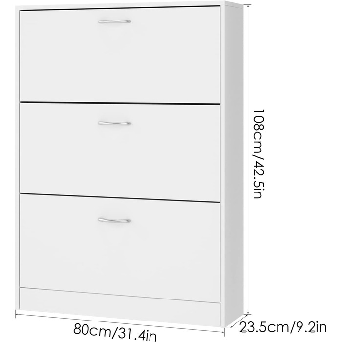 Вузька шафа для взуття FirFurd біла, з 3 відкидними ящиками, економна для 12-24 пар, висока комода для прихожей, коридору, входу. Дерев'яна шафа для взуття 110x80x23.5 см