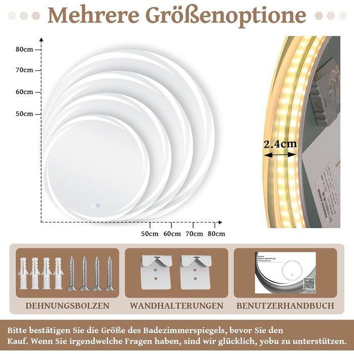 Круглий дзеркало для ванної кімнати Mursche з підсвічуванням, 60 см, LED, IP44, сенсорне регулювання, проти запотівання, для ванної кімнати та туалету