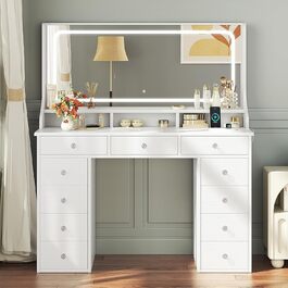 Діплекс туалетний столик з підсвіткою, 110 см, з 11 шухлядами та LED-дзеркалом, білий. Сучасний туалетний столик для спальні та гардеробної