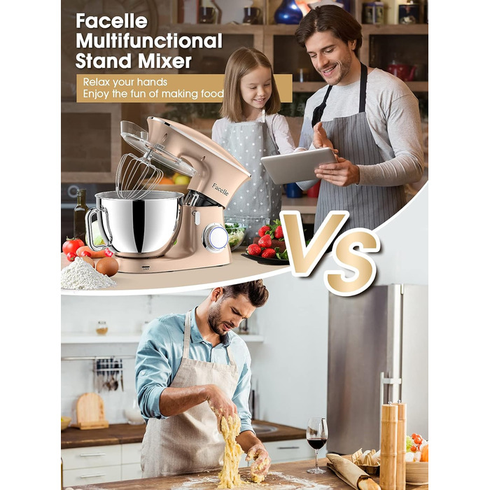 Кухонна машина-міксер Facelle 2000W з чашею 8,5L (6+ швидкостей) для випічки, тіста, міксування, з набором насадок (снігобій, гак для тіста, вінчик) та захистом від бризок, колір Champagne