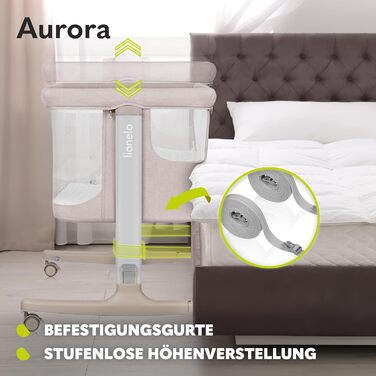 Дитяче ліжко Lionelo Aurora 3в1 до 9 кг, спальне місце, люлька, регулювання висоти, нахил, колеса, бежевий