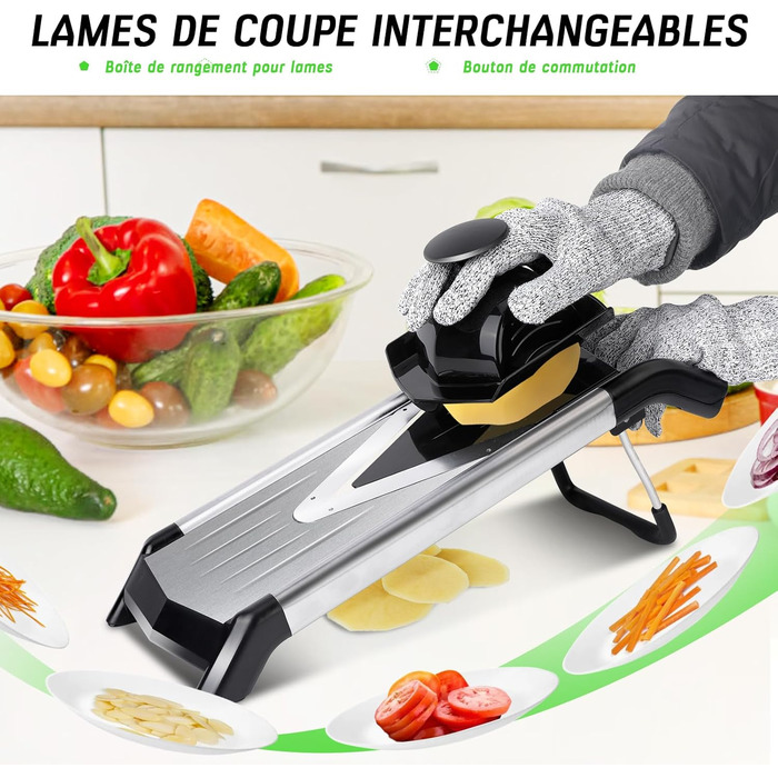 Машхом Мультиінструмент для нарізки овочів 5-в-1, Mandoline з нержавіючої сталі, тертка для овочів, фруктів, картоплі, помідорів, цибулі, 40см, з рукавичками