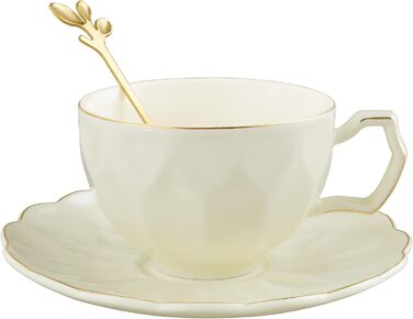 Набір чайних чашок і блюдців fanquare об'ємом 200 мл на 1 людину, керамічна чашка з золотим обідком, порцелянова кавова чашка з ложечкою, темно-зелений (Жовтий)