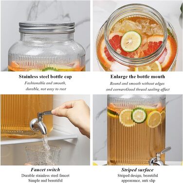 Скляний диспенсер для напоїв Evanda з нержавіючим сталевим краном, 4л, для приготування холодного чаю, лимонаду та соків