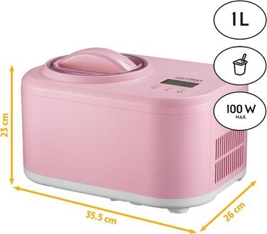 Електрична машина для приготування морозива TZS First Austria 1L з компресором 3 в 1 - для морозива, сорбету та замороженого йогурту, з мірним стаканом та лопаткою, рожева