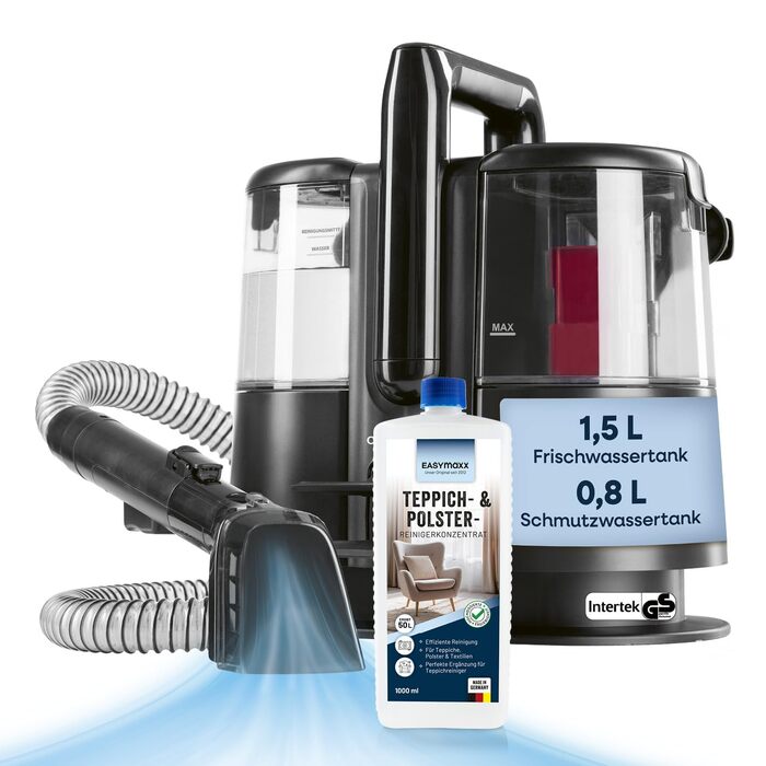 CLEANmaxx Професійний пароочисник для килимів та м'яких меблів Pro Steam | Плямистовий очищувач & EASYmaxx Засіб для килимів | Миючий пилосос для диванів, авто, килимів, м'яких меблів | Плямистовий очищувач (Чорний з шампунем, Pro 400W)