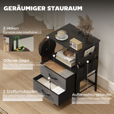 Журнальний столик-приліжкові з підзарядною станцією, сталевий каркас, USB-C порти, ящики, гачки, розміри 40x30x60 см, чорний