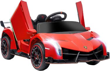 Дитячий електромобіль Lamborghini Veneno HOMCOM 12V з пультом, музикою, червоний, ліцензійний, знімна батарея, для дітей 3-6 років, фірмові двері-крила