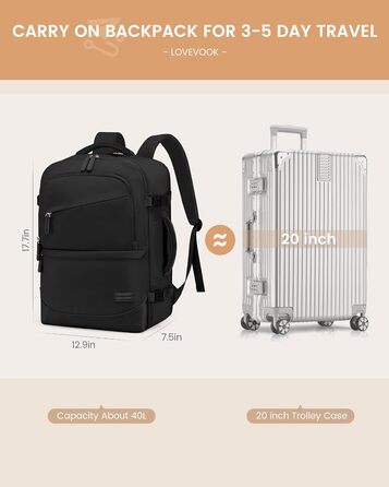 LOVEVOOK Рюкзак для ручної поклажі 40L, рюкзак для подорожей для жінок, великий, для літака з відділенням для мокрого та сухого, для ноутбука 17.3