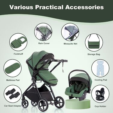 Дитяча коляска 3-в-1 | Комбінована коляска з автокріслом | Візок з регульованою ручкою | Алюмінієвий каркас | Москітна сітка | для новонароджених 0-4 роки, Зелений