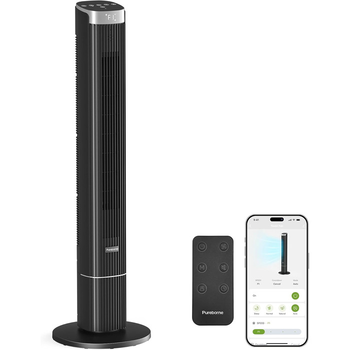 Турбовентилятор Leiser з осциляцією 90°, Wi-Fi, пульт, 4 швидкості, 4 режими, таймер 12 год, чорний, 102 см