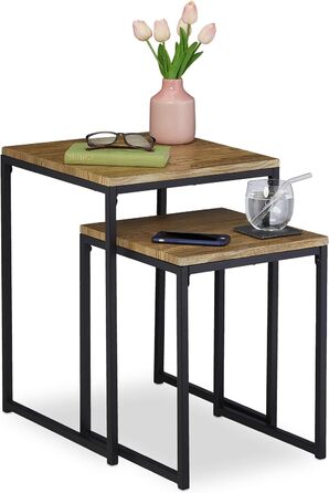 Штабельований, гніздовий стіл 2 розміри, квадратний, металевий, вигляд дерева/чорний, залізо, набір журнальних столів з 2 шт. у промисловому дизайні