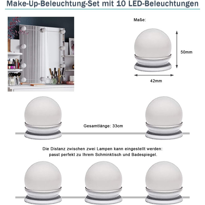 Туалетний столик з LED, HD дзеркало, 10 яскравостей, 3 кольори, висувні ящики, відкриті відділення, білий, 70x40x140см