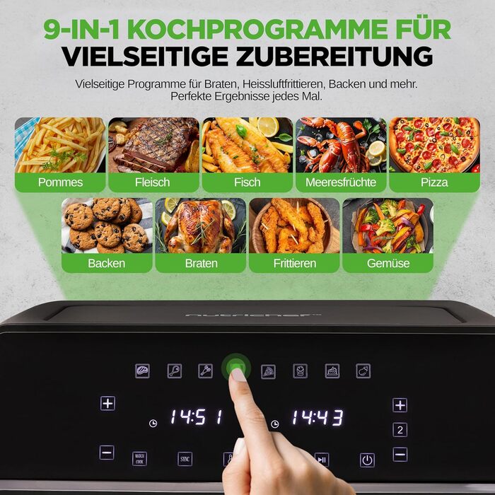 Фритюрниця NutriChef 8.3L з 2 відсіками, з подвійним нагріванням, з оглядовим вікном, 9 програм, до 360°C, антипригарне покриття, для смаження без олії, компактна та безпечна