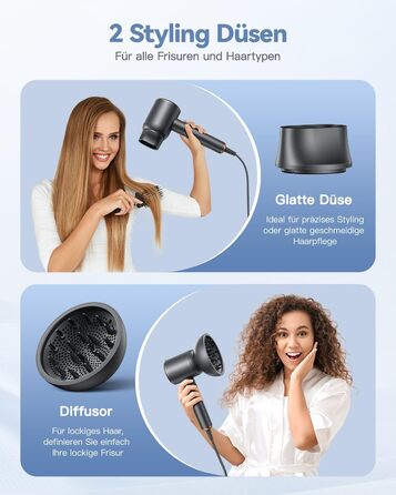 Іонний фен для волосся DEWILY з дифузором 1800 Вт, 3 температурних режими, компактний дорожній сунич для кучерявого волосся (сіро-чорний)