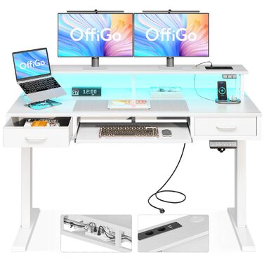 Регульований за висотою стіл OffiGo з 2 висувними ящиками та підставкою для клавіатури, 120 см. Електричний стіл з підставкою для монітора, RGB підсвічування та розетками, білий (120 x 54 см)
