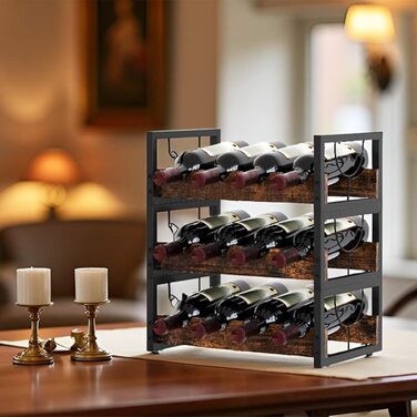 Стелаж для вина на 12 пляшок, 3 яруси, підставка для вина, органайзер для пляшок, античний коричневий