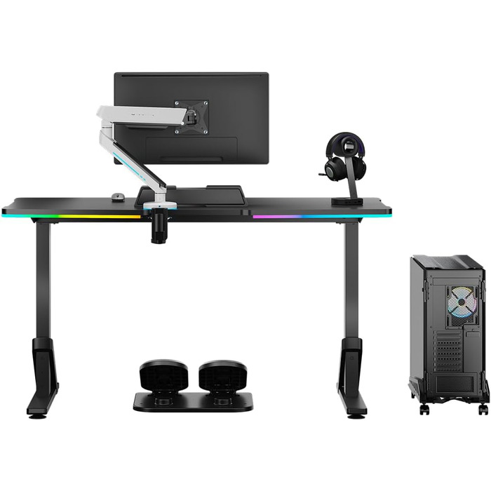 ULTRADESK - Стол для геймінгу Iron - Механічний регульований стіл з RGB підсвічуванням, чорний