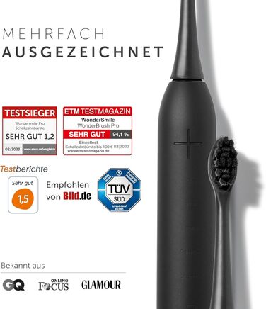 Електрична зубна щітка Wondersmile PRO - переможець тесту 2025 - 100 днів без ризику - сертифікована TÜV - 4 режими, акумулятор 60 днів, розумна насадка (Ultimate Black)