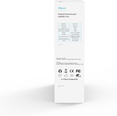 Робот-пилосос Tikom з функцією миття 2 в 1, робот-пилосос G8000 Pro, робот-пилосос із сильним всмоктуванням 4500 Па, самозарядка, Wi-Fi, 150 хвилин макс., ідеально підходить для шерсті домашніх тварин, килимів, твердої підлоги