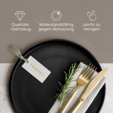 Набір посуду Twinzee Ebony Collection 24 частини: чорні тарілки та чашки з кераміки (стеінгуту) для 6 осіб