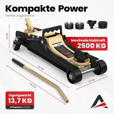 Гідравлічний домкрат Wagenheber 2.5T низькопрофільний для легкових авто та авто з заниженою підвіскою, до 2500 кг, бежевий + 3 гумові накладки та адаптер