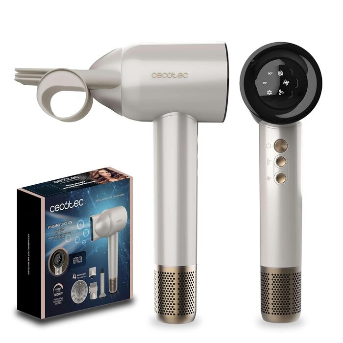 Фен Cecotec DryGlam Waves Champagne з безщітковим мотором та Plasmatechnologie, 1600W, 110000RPM, 4 насадки, Coanda-ефект, цифрова панель, інтелектуальне регулювання температури, функція пам'яті