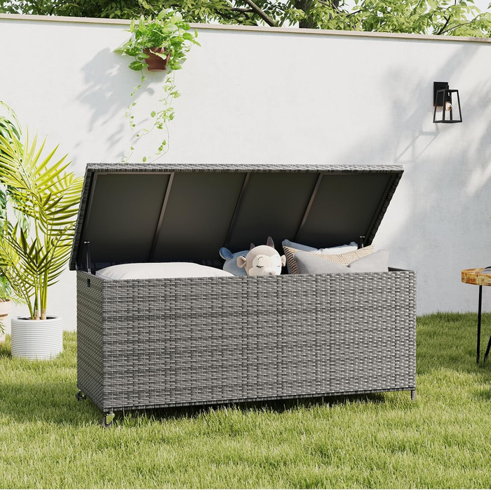 Скриня для подушок садових Polyrattan Amopatio 480л, водонепроникна, з роликами та газліфтом, сіра