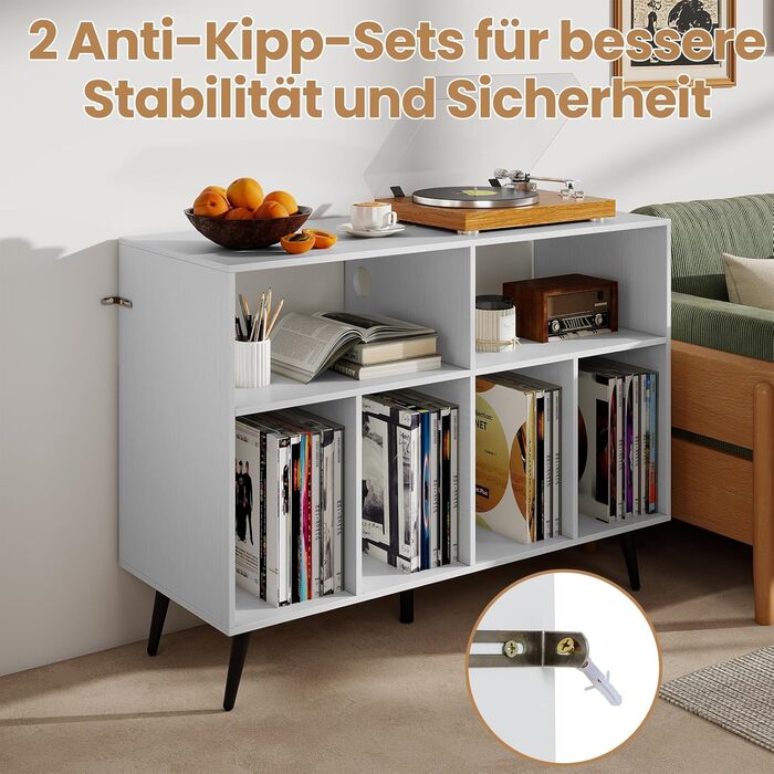 Підставка для програвача COSTWAY з зарядною станцією, тумба для програвача з полицями для зберігання вінілу, стіл для зберігання платівок з 5 металевими ніжками, комод для вітальні, музичної кімнати (білий)