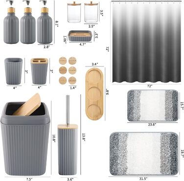 Набір для ванної кімнати 17 предметів: аксесуари, смітник, дозатори мила, тримач для зубних щіток, дерев'яні гачки (сірий). Підходить для ванної та кухні
