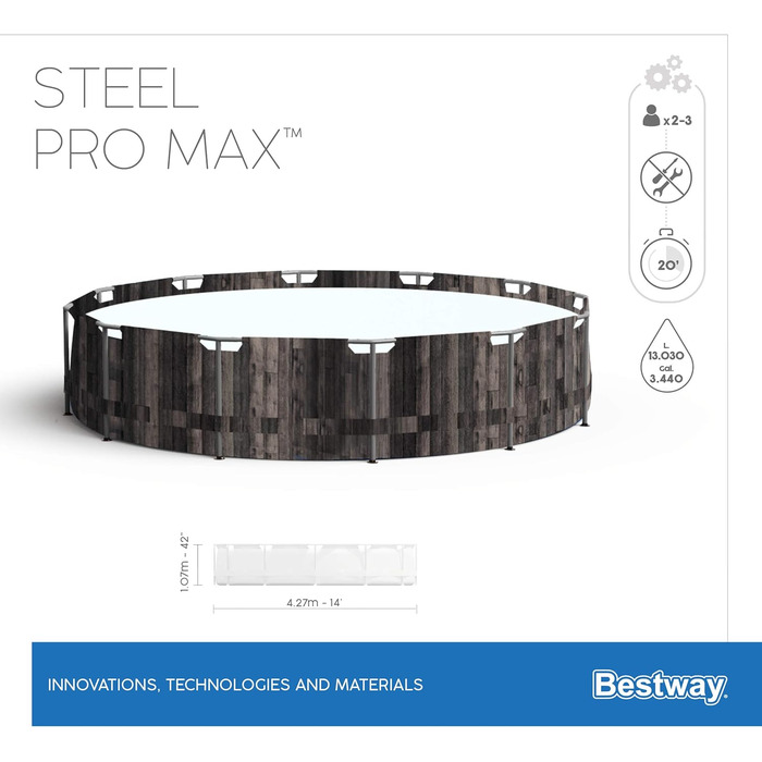 Каркасний басейн Bestway Steel Pro MAX Повний комплект з фільтруючим насосом Ø 427 x 107 см, під дерево (морений дуб), круглий 427 x 107 см Одномісний