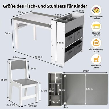 Дитячий набір столів з 2 стільцями, місце для зберігання, рулон паперу, 4 коробки, для школи та кіти, сірий