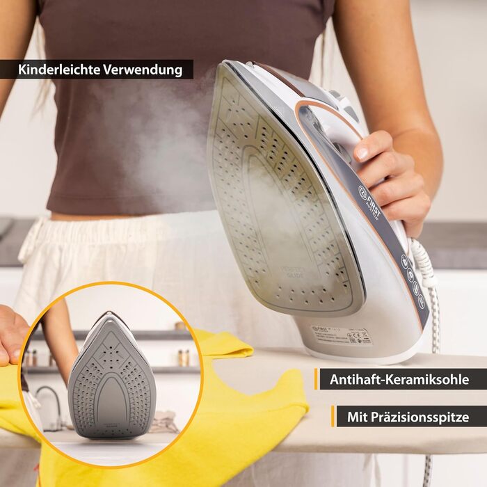 Відпарювач TZS First Austria I 2800-3200W з керамічною підошвою | Самоочищення, вертикальний пар, антинакип | 0,45л, 1.3кг, білий/мідний