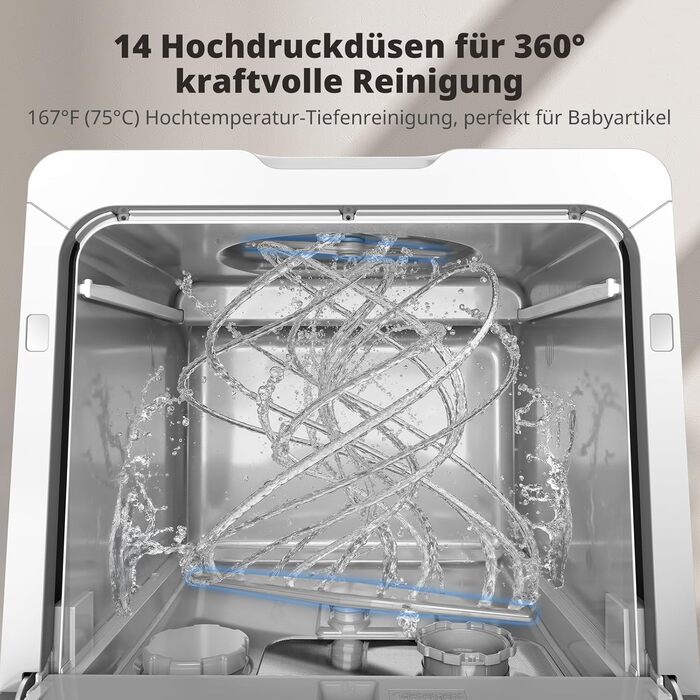 Mini посудомийна машина AIRMSEN з 8+3 програмами, 5л, система пом'якшення води, таймер, дитячий замок, білий/чорний