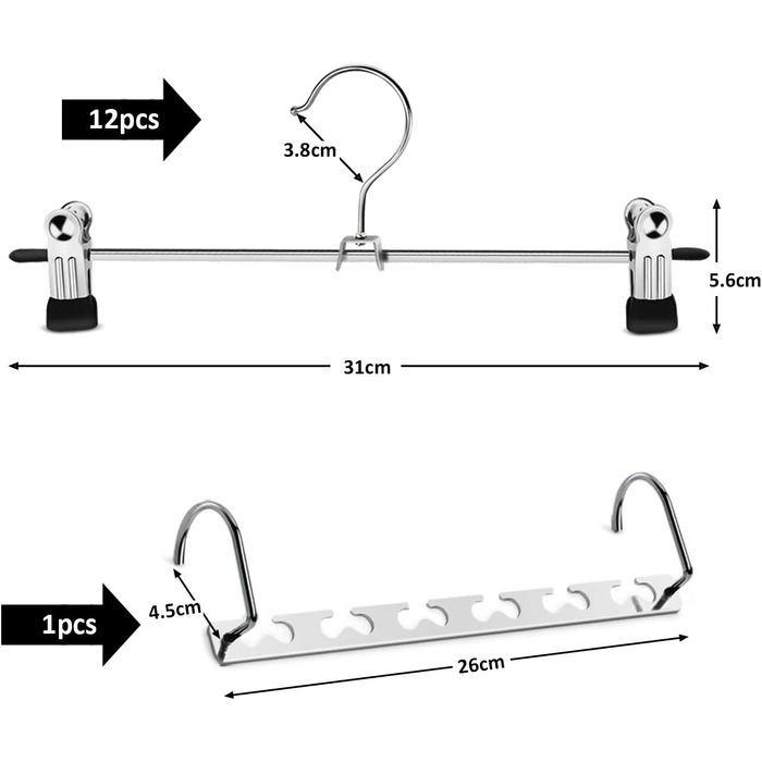 Металевий вішак для брюк, чарівний вішак для пальто, поворотний гачок на 360, регульований затискач, протиковзкий, довжина 30 см, сріблястий, 12 шт.