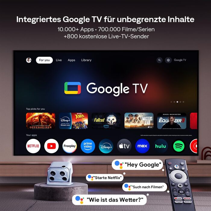 Aurzen Boom Mini 4-в-1 Smart Beamer з Google TV, 4K, проєктор для дому та на вулицю, 20W Dolby Audio, 500 ANSI, автофокус ToF, корекція трапеції, Wi-Fi/Bluetooth, сумісність з телефоном (блакитний)