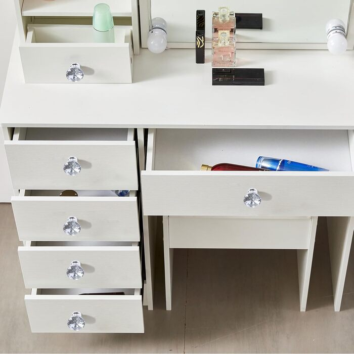 Туалетний столик зі світлом та дзеркалом, з пуфом, 6 шухляд та 6 полиць, 80x36x130 см, PE39