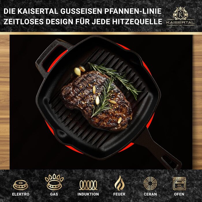 Сковорода-гриль KaiserTal з чавуну 27 см – для стейків та смаження на грилі – сумісна з індукцією, газом та духовкою